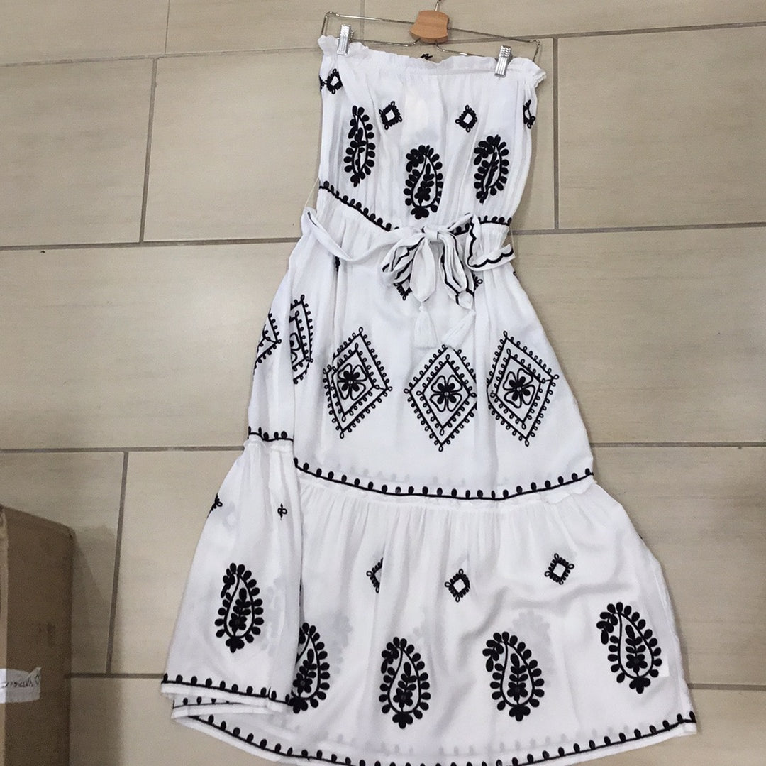 ELAN STRAPLESS RUFFLE TOP DRESS-WHITE/BLACK EMBROIDERY