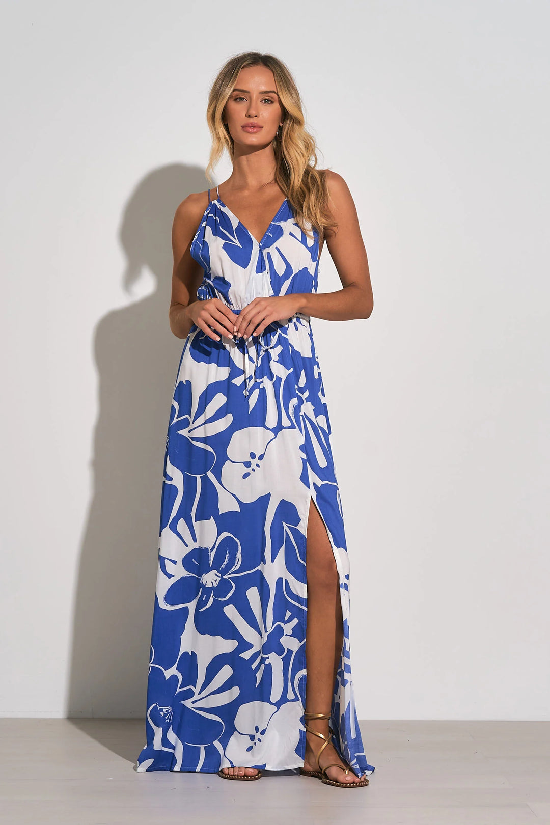 ELAN V NECK TIE BACK MAXI DRESS-BLUE HIBISCUS