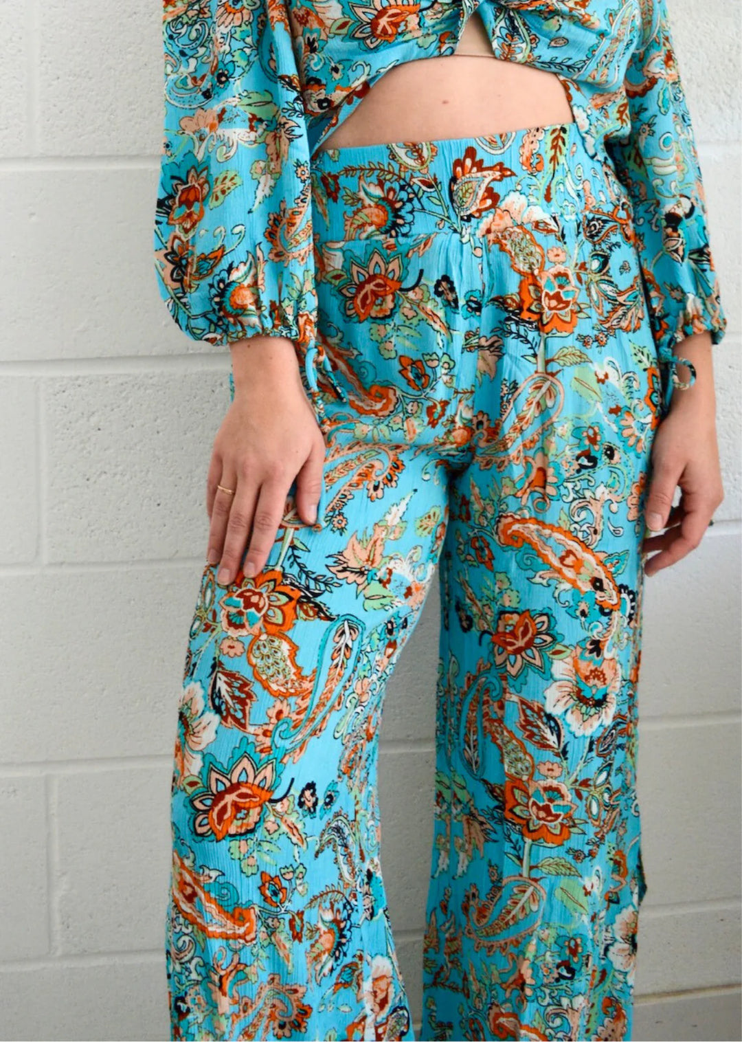 ELAN ELASTIC WB WIDE LEG PANT-TURQUOISE FLORAL