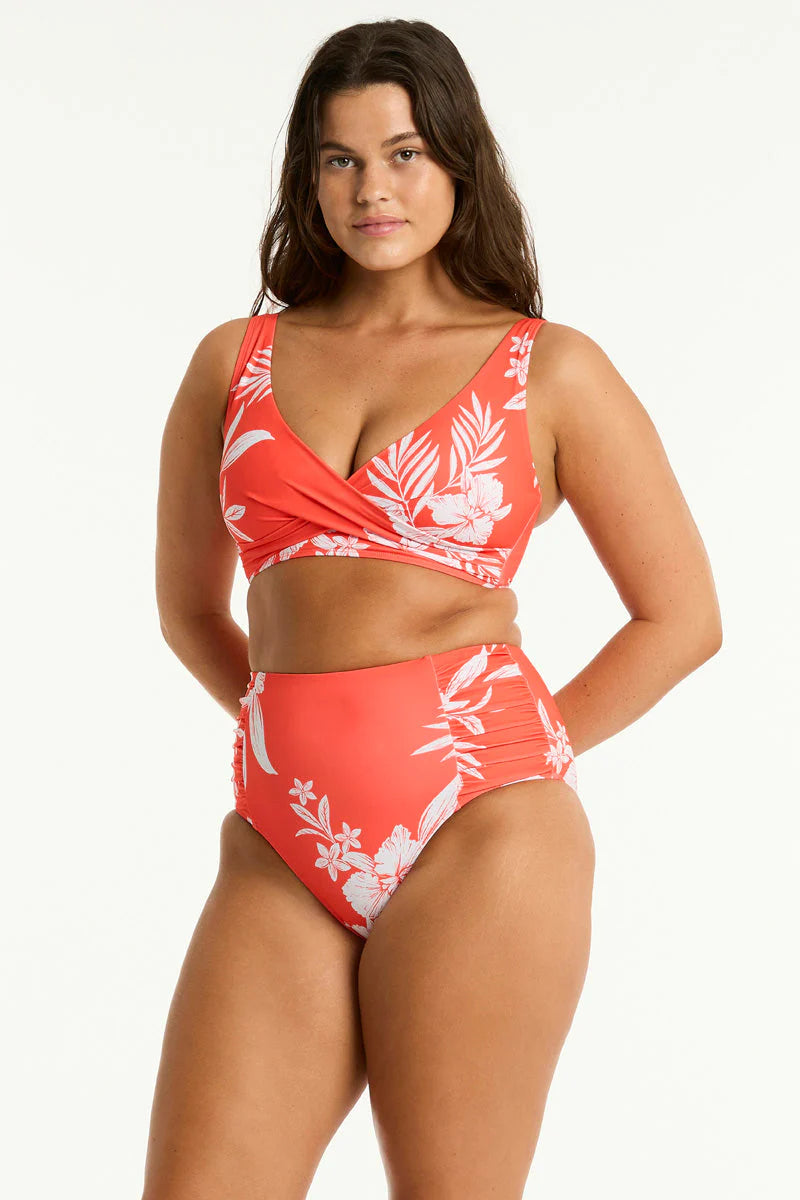 SEA LEVEL-ALOHA HIGH WAIST GATHERED SIDE PANT-FLAME