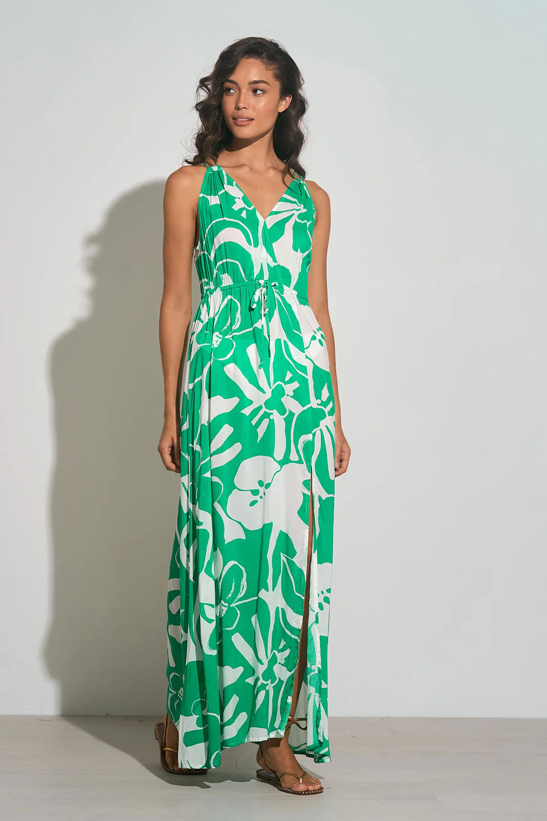 ELAN-V NECK TIE BACK MAXI DRESS-GREEN HIBISCUS Shop Ausmosis Swim Btq ELAN-V NECK TIE BACK MAXI DRESS-GREEN HIBISCUS Shop Ausmosis Swim Btq