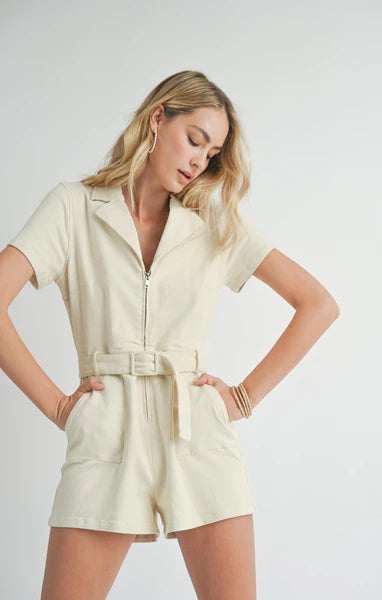 SADIE & SAGE-LIVE HAPPY ZIP ROMPER WITH BELT-IVORY