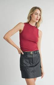 SADIE & SAGE-RONAN MOCK NECK RUCKED KNIT TANK-BERRY RED