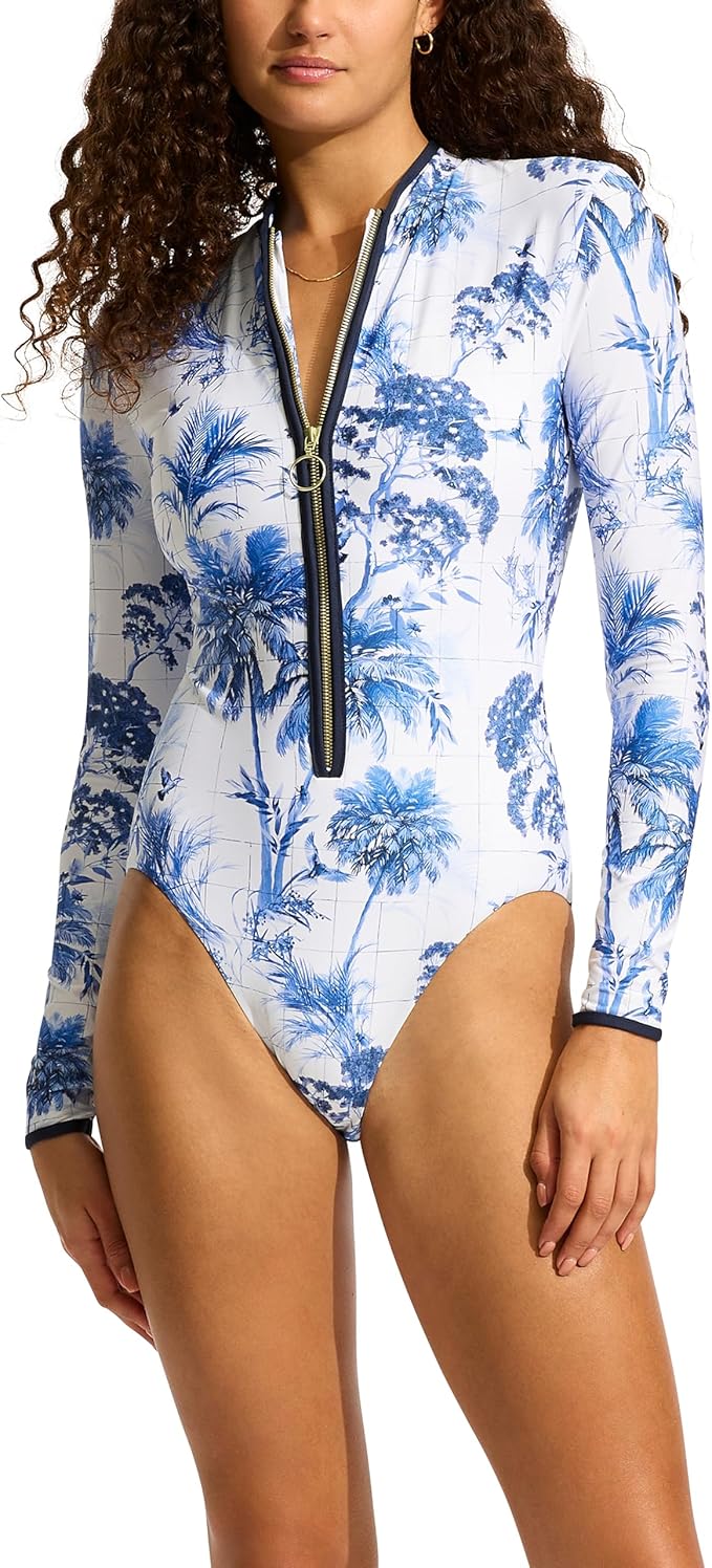 SEAFOLLY-ZIP FRONT SURF SUIT LONG SLEEVE-MARBELLA BLUE/WHITE