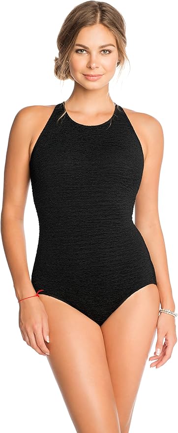 KRINKLE CHLORINE RESISTANT HIGH NECK MAILLOT ONE PIECE SWIMSUIT - BLACK