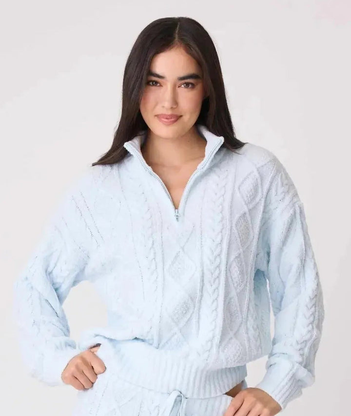 PJ SALVAGE-CHENILLE COZY CABLE 1/4 ZIP-BLUE AIR