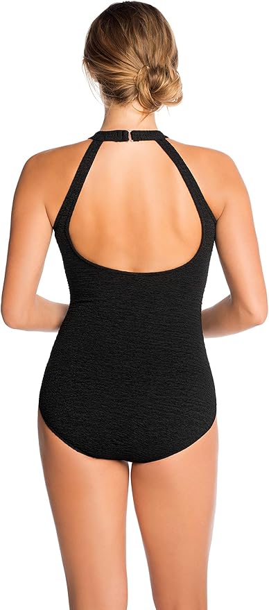 KRINKLE CHLORINE RESISTANT HIGH NECK MAILLOT ONE PIECE SWIMSUIT - BLACK