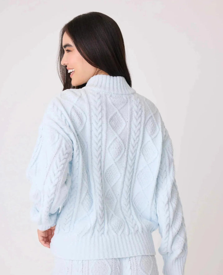 PJ SALVAGE-CHENILLE COZY CABLE 1/4 ZIP-BLUE AIR