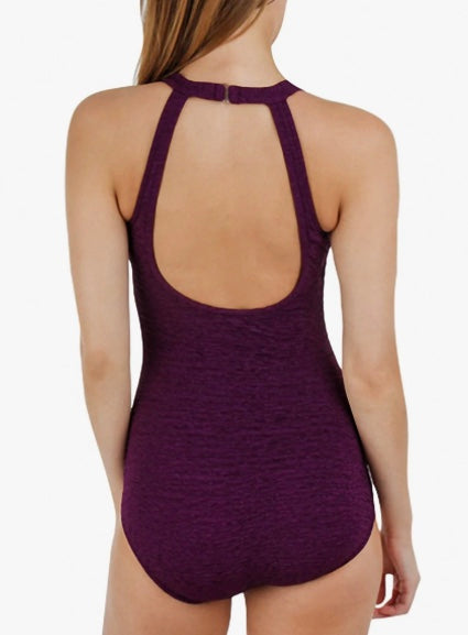 KRINKLE CHLORINE RESISTANT HIGH NECK MAILLOT ONE PIECE SWIMSUIT - EGGPLANT PURPLE