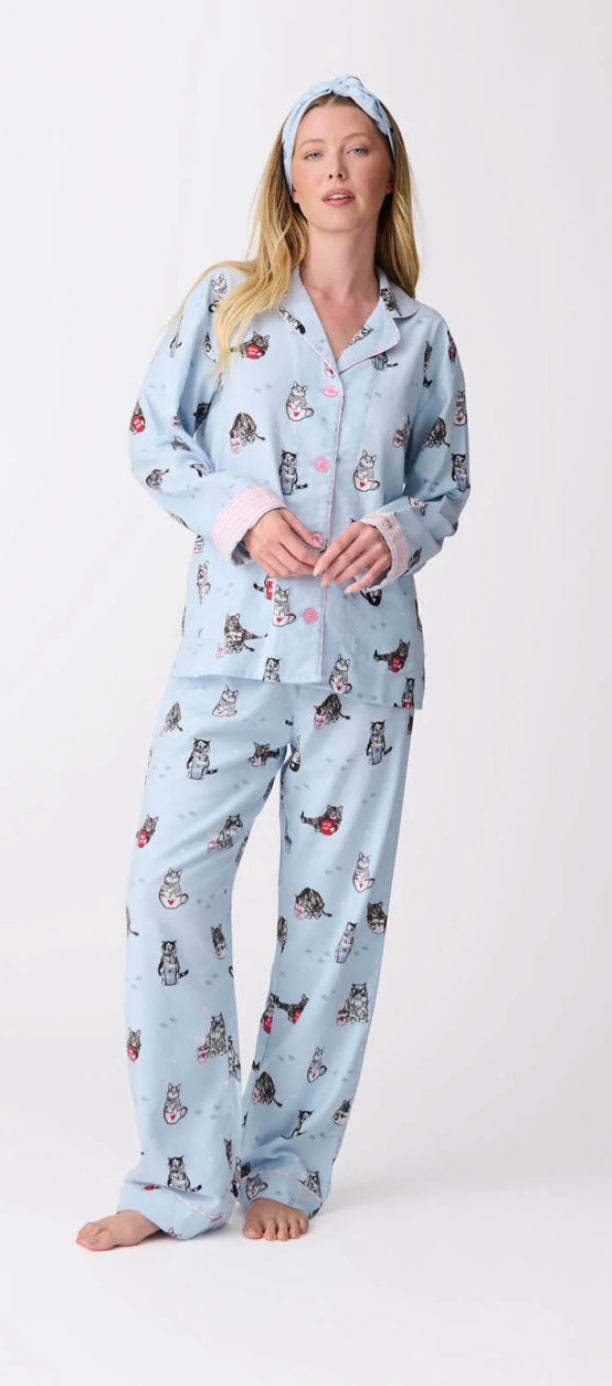 PJ SALVAGE-COFFEE AND CAT NAPS FLANNEL PJ SET-BLUE TINT