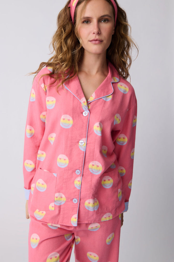 PJ SALVAGE-KEEP ON SMILING  FLANNEL PJ SET-HOT PINK
