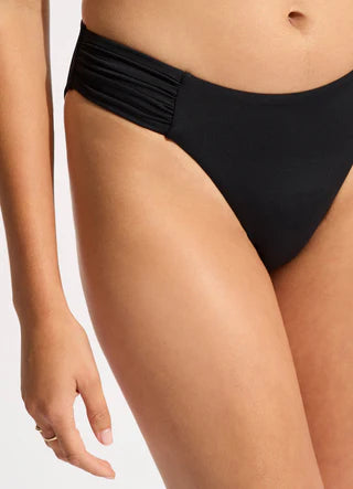 SEAFOLLY COLLECTIVE HIGH LEG RUSHED SIDE BIKINI BOTTOM - BLACK