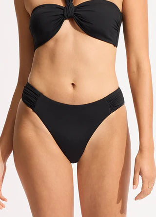 SEAFOLLY COLLECTIVE HIGH LEG RUSHED SIDE BIKINI BOTTOM - BLACK